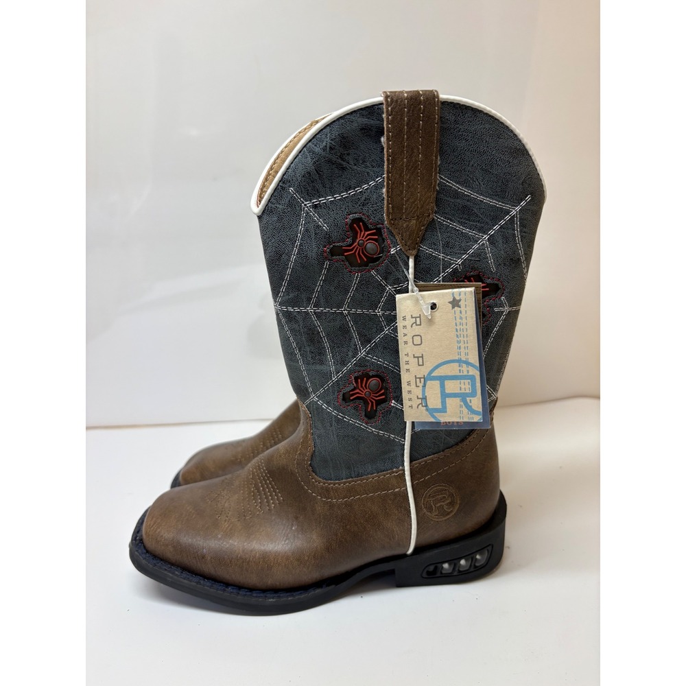 Roper Kids Brown Blue Spider Web Light Up Cowboy Boots 09-018-1203-3626 Size 10